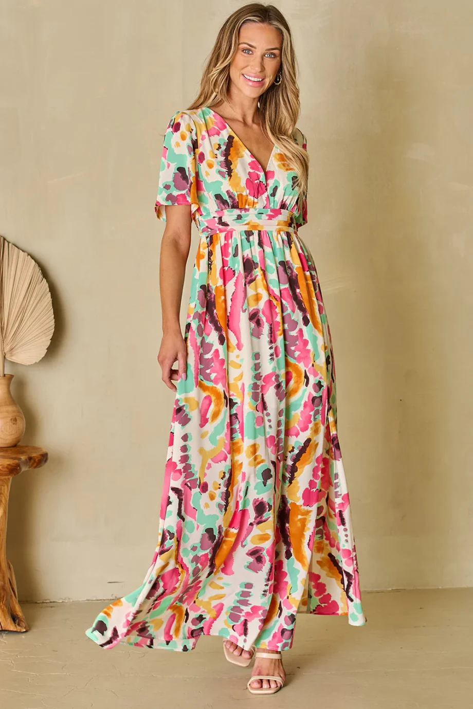 Pink Boho Tie-dye Print V Neck Maxi Dress - Image 11