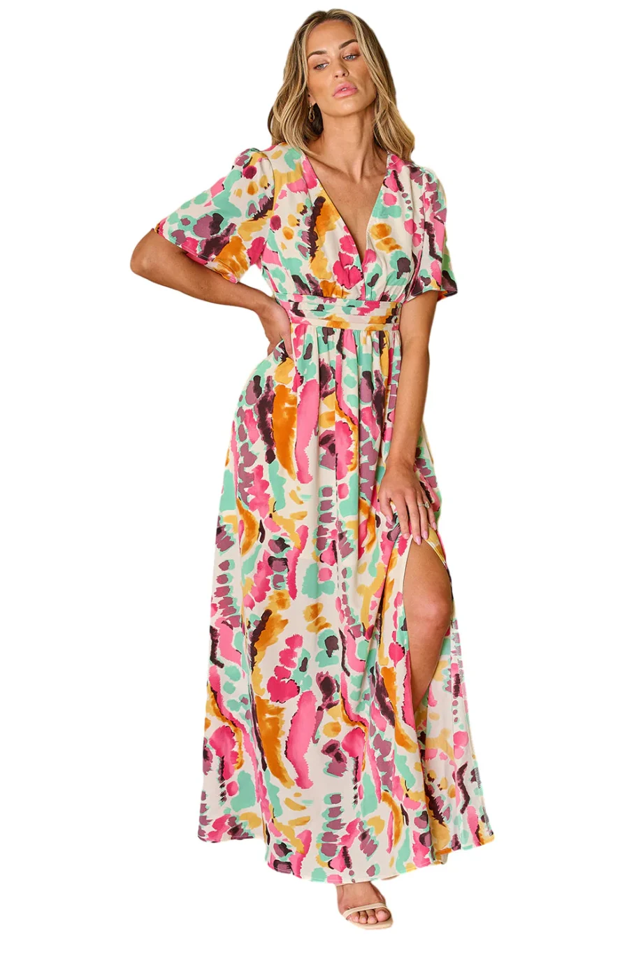 Pink Boho Tie-dye Print V Neck Maxi Dress - Image 23
