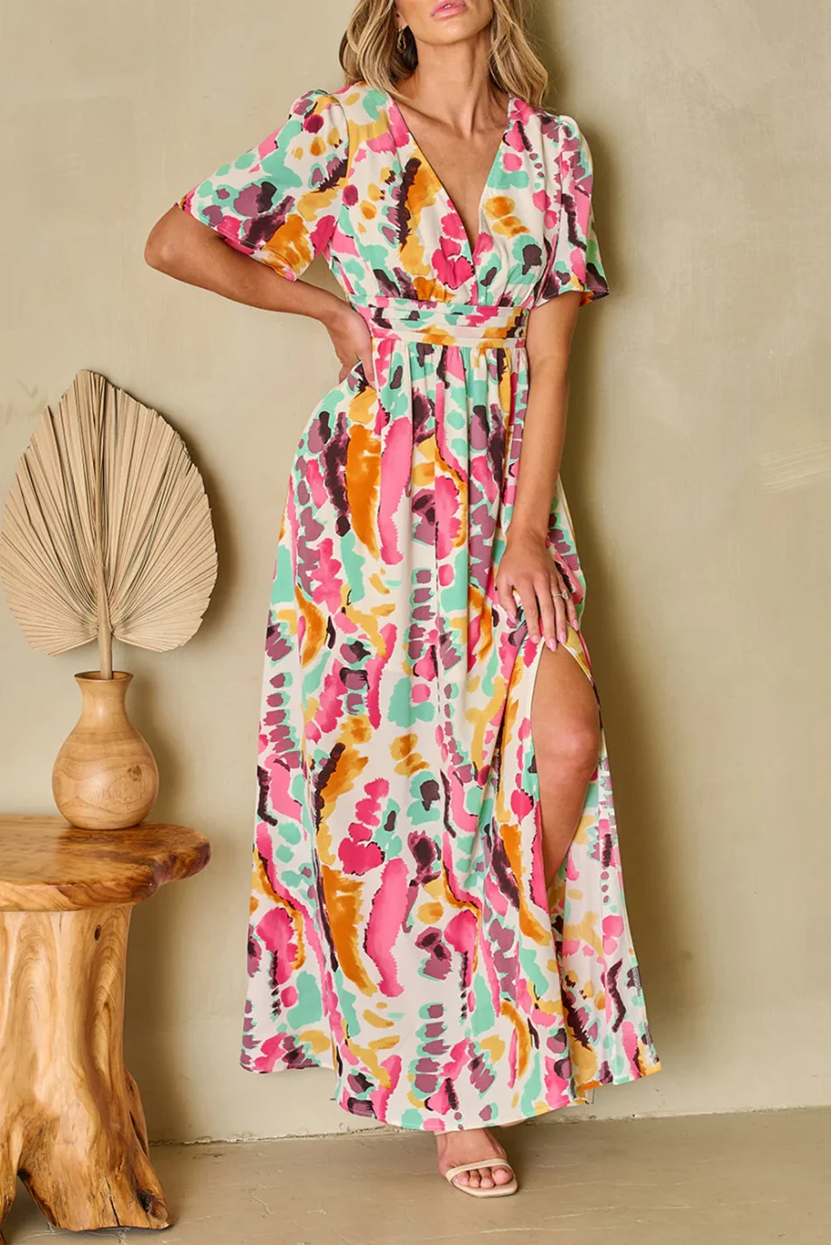 Pink Boho Tie-dye Print V Neck Maxi Dress - Image 13