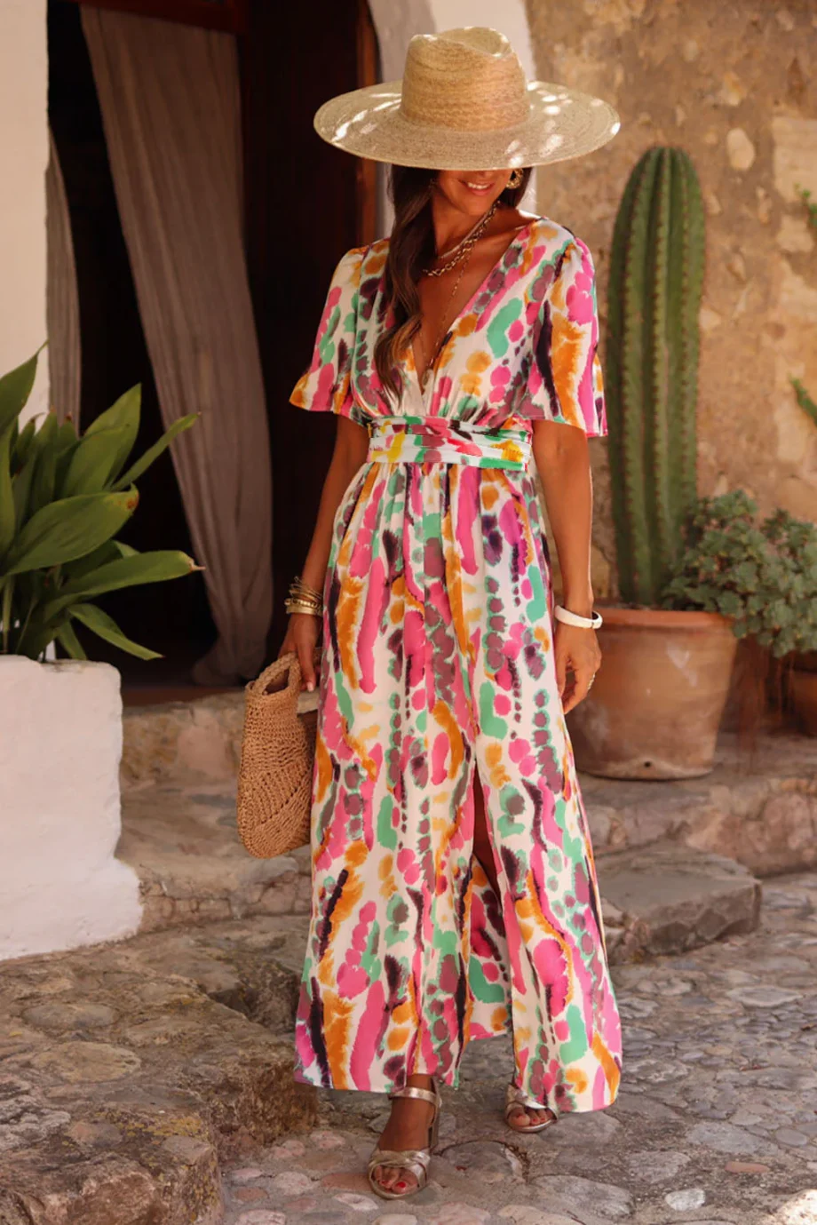 Pink Boho Tie-dye Print V Neck Maxi Dress - Image 6