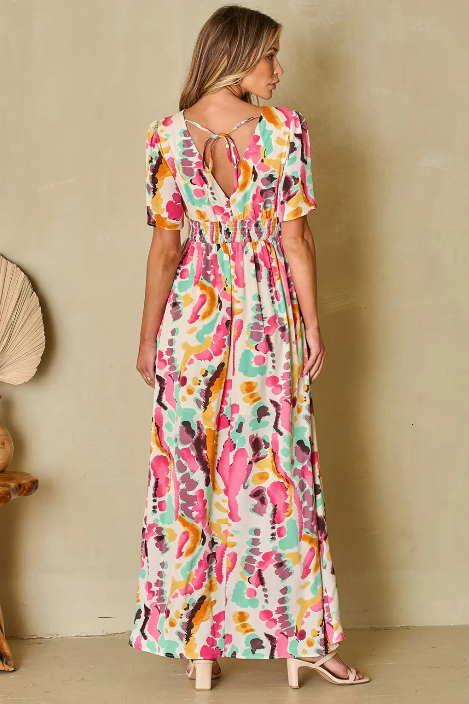 Pink Boho Tie-dye Print V Neck Maxi Dress - Image 9