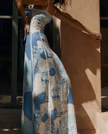 Unique Lace Patchwork Printed Back Tie Halter Neck Flared Maxi Dress