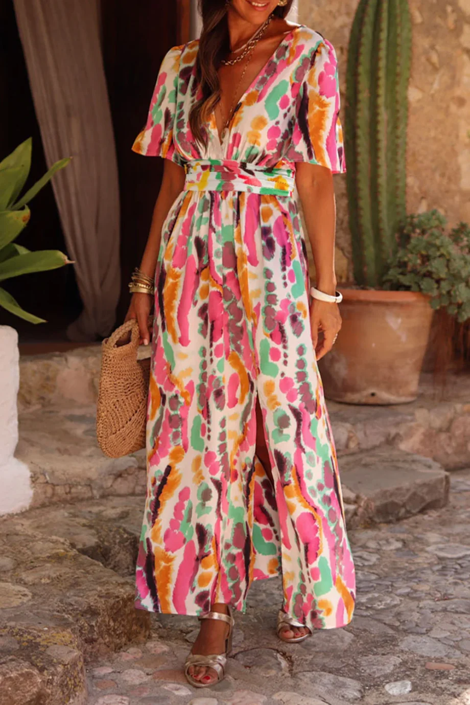 Pink Boho Tie-dye Print V Neck Maxi Dress - Image 2