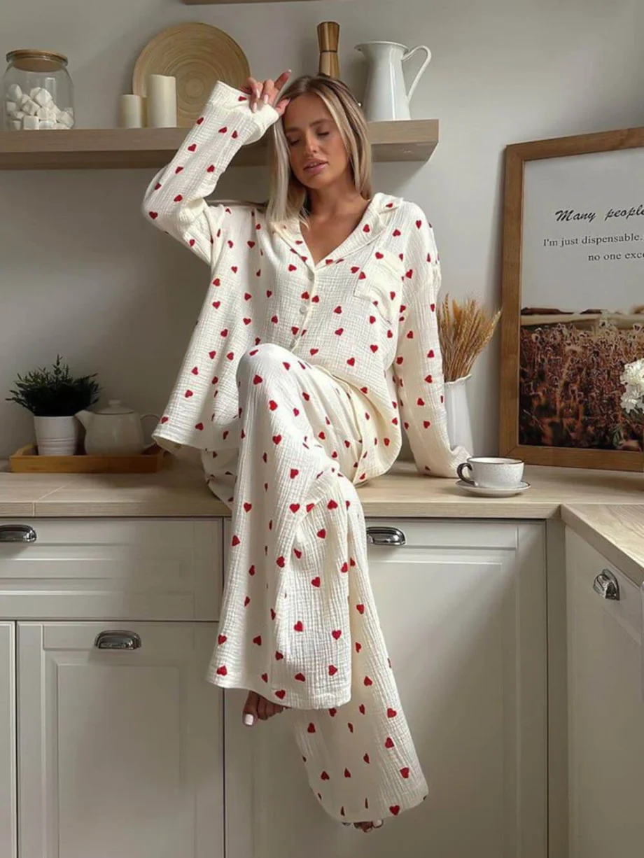 Cute Heart Print Button Down Shirt Pajama Sets - Image 5