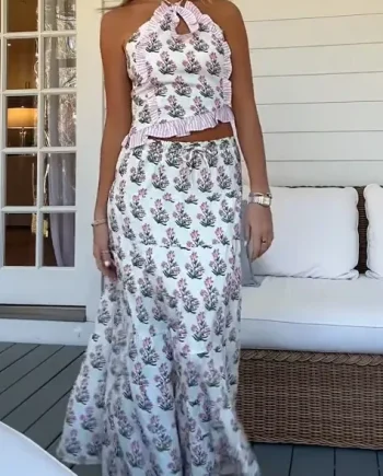 Floral Print Halterneck Maxi Skirt Set