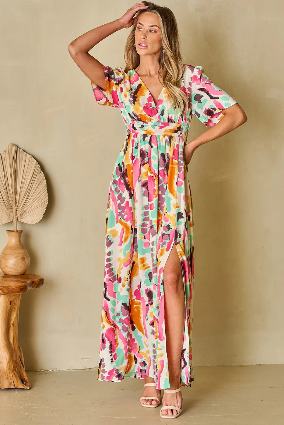 Pink Boho Tie-dye Print V Neck Maxi Dress - Image 12
