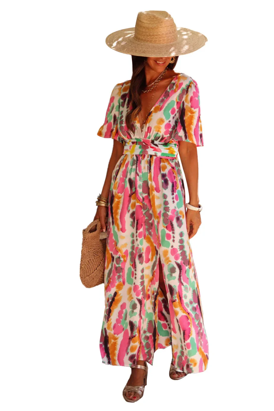 Pink Boho Tie-dye Print V Neck Maxi Dress - Image 22