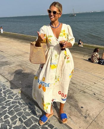 Printed Linen Midi Dress