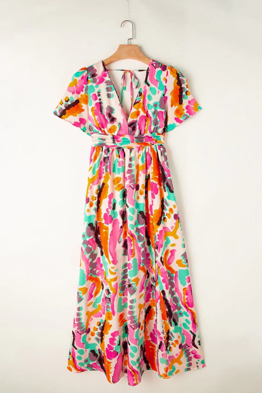 Pink Boho Tie-dye Print V Neck Maxi Dress - Image 15
