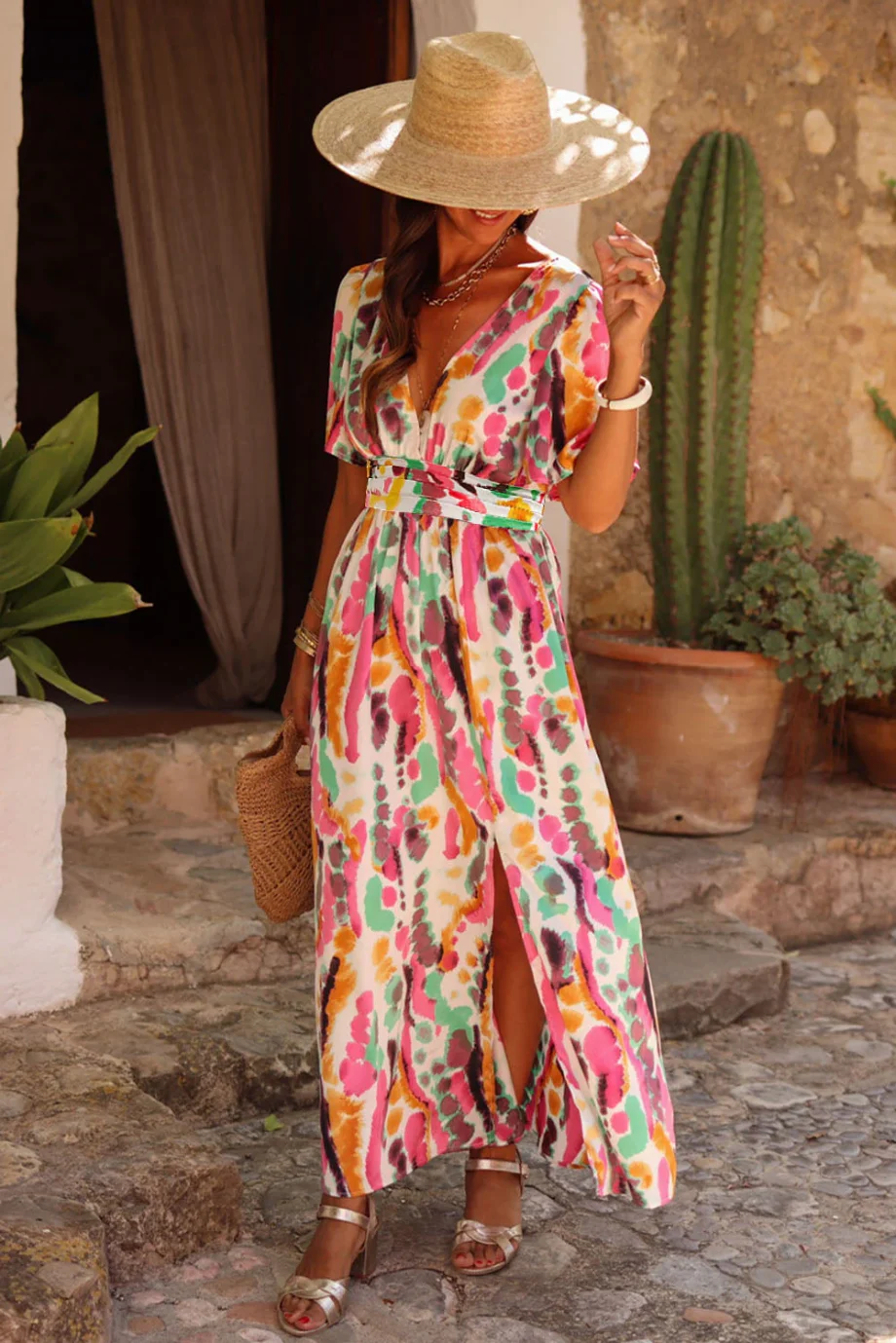 Pink Boho Tie-dye Print V Neck Maxi Dress - Image 5