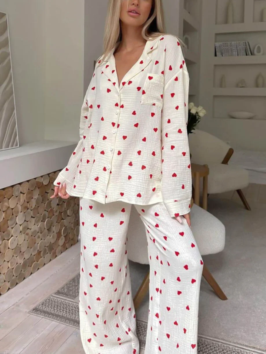 Cute Heart Print Button Down Shirt Pajama Sets - Image 4