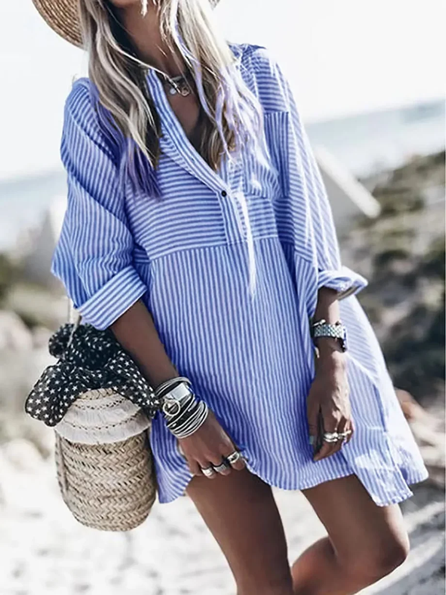 Striped Long Sleeve Tunic Blouses - Image 2