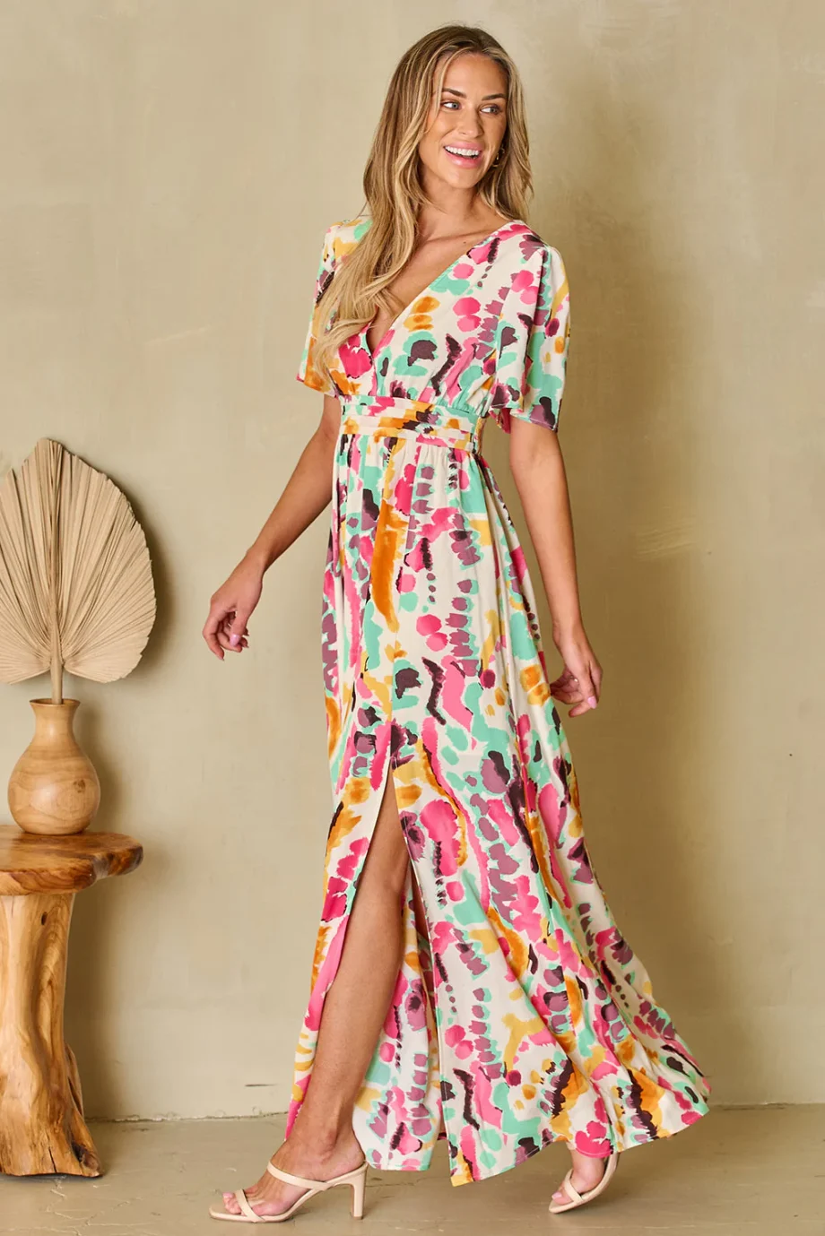 Pink Boho Tie-dye Print V Neck Maxi Dress - Image 10